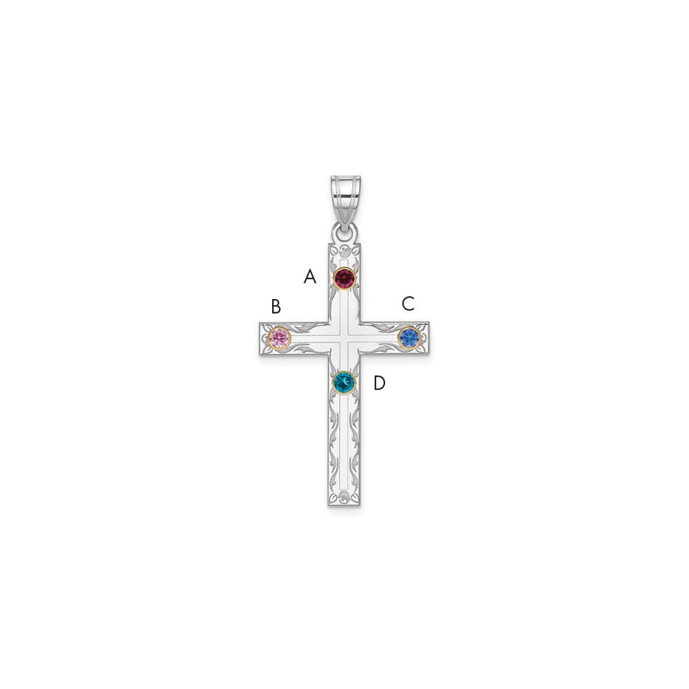 Sterling Silver Rh-plt/14K Bezel Crystal Family Cross Pendant