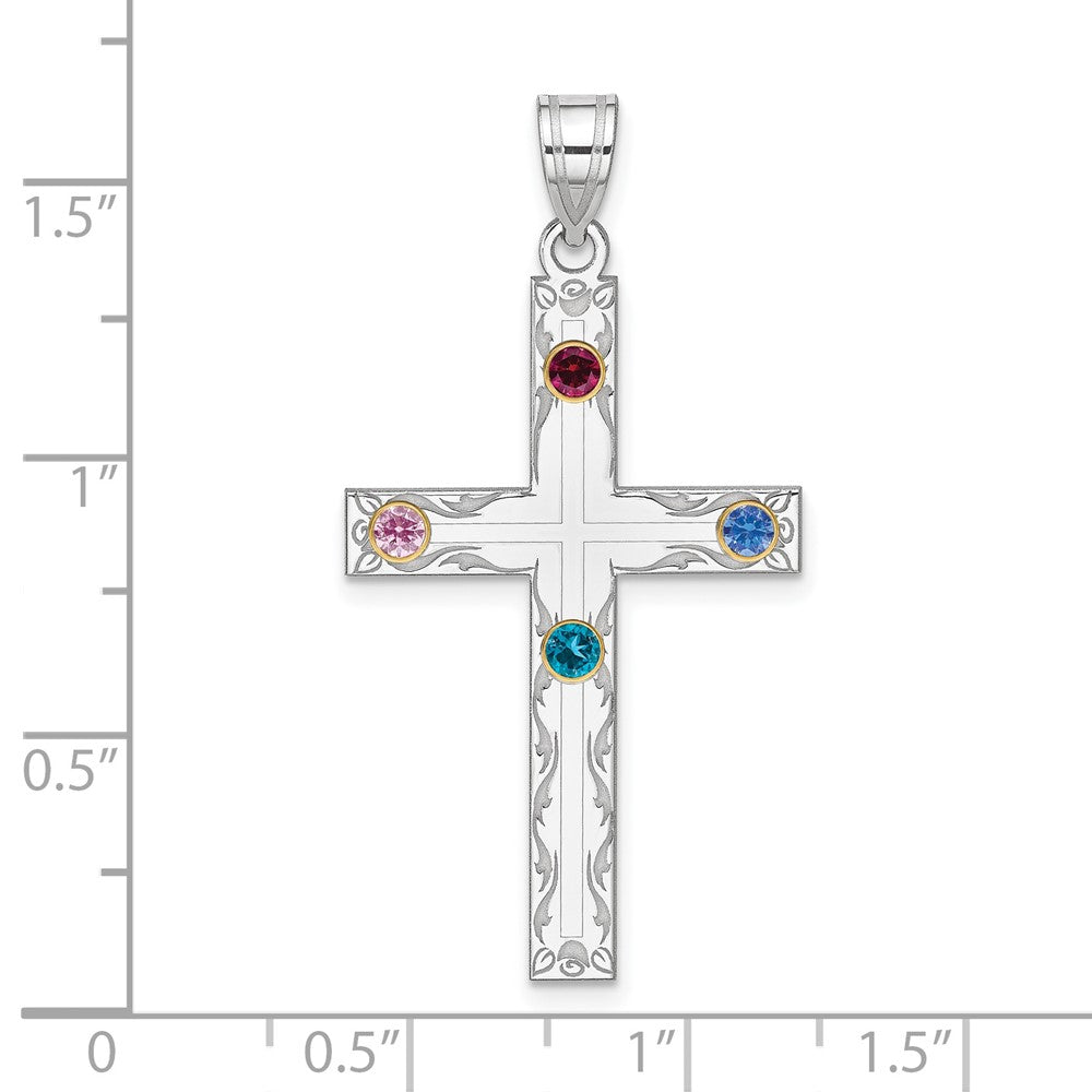 Sterling Silver Rh-plt/14K Bezel Crystal Family Cross Pendant