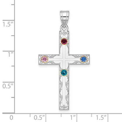 Sterling Silver Rh-plt/14K Bezel Crystal Family Cross Pendant