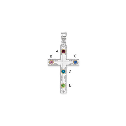 Sterling Silver Rh-plt/14K Bezel Crystal Family Cross Pendant