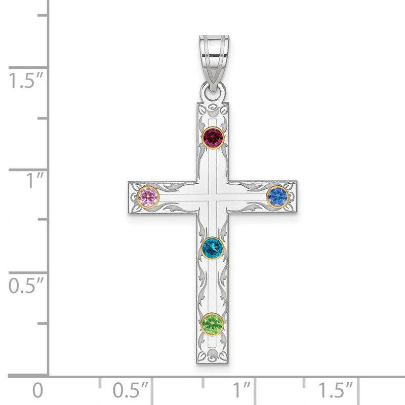 Sterling Silver Rh-plt/14K Bezel Crystal Family Cross Pendant