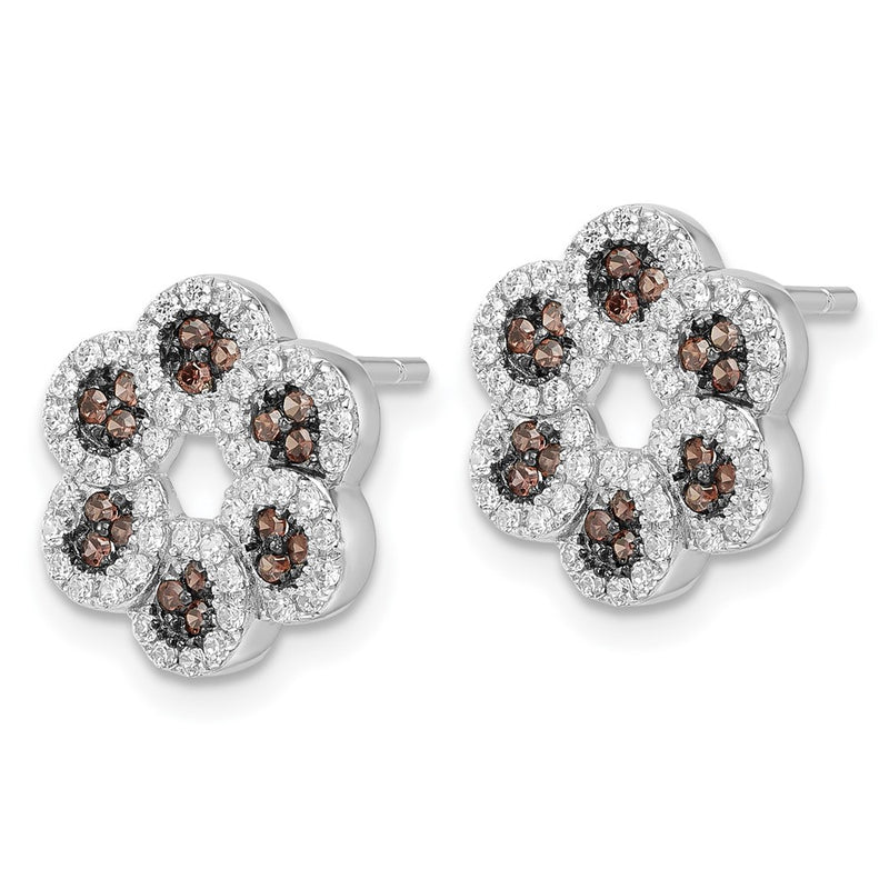 Sterling Silver Brown & Clear Cz Brilliant Embers Flower Post Earrings