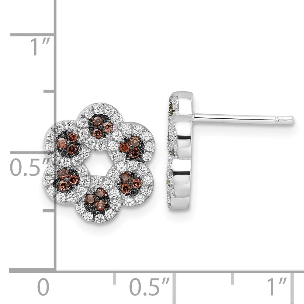Sterling Silver Brown & Clear Cz Brilliant Embers Flower Post Earrings