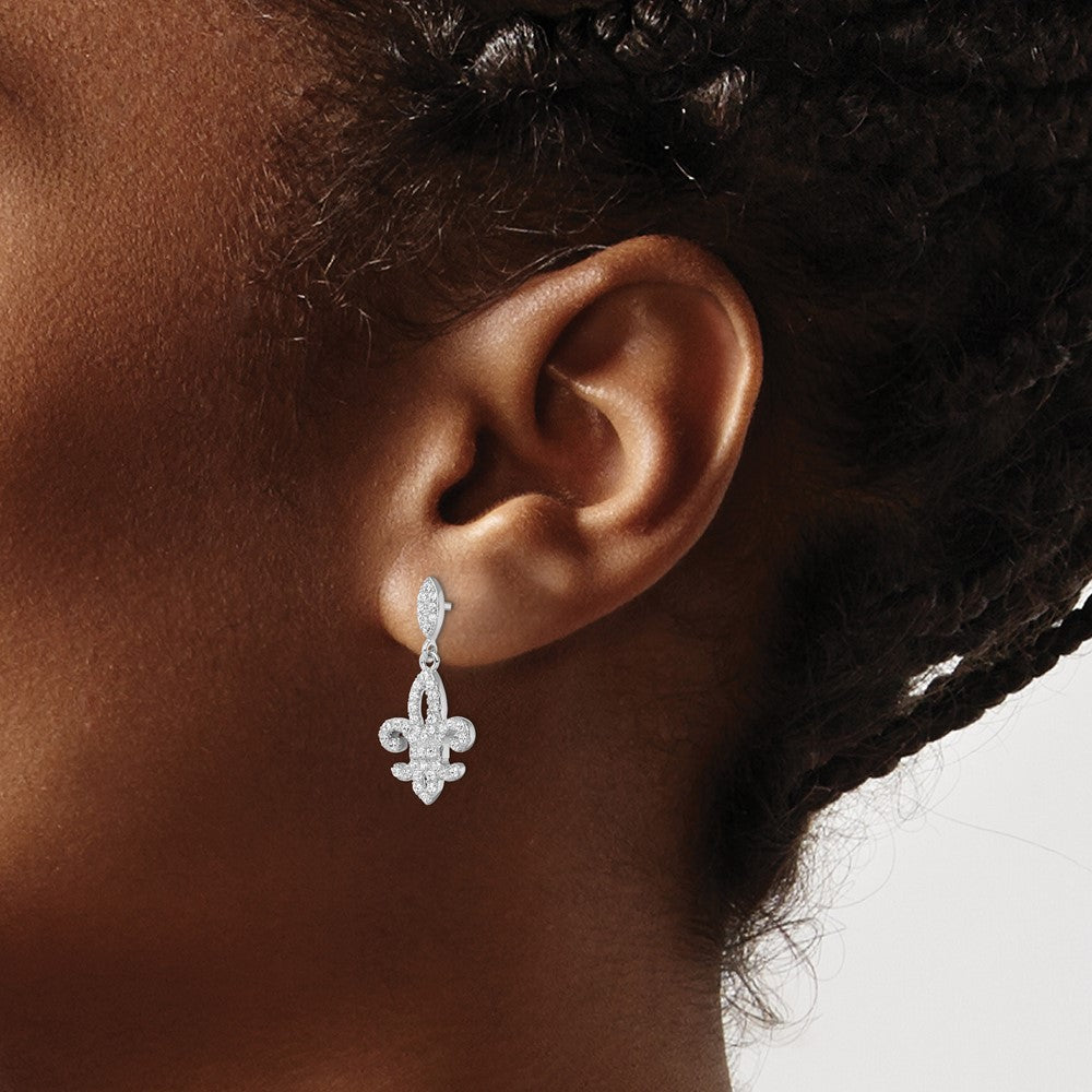Sterling Silver Brilliant Embers Rhodium-Plated 940 Stone Micro Pav Cz Fleur De Lis Post Dangle Earrings