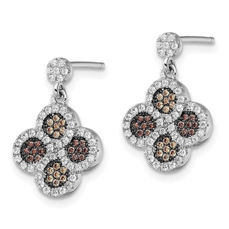 Sterling Silver Brilliant Embers Rhodium-Plated 150 Stone Micro Pav Champagne And White Cz Flower Dangle Post Earrings