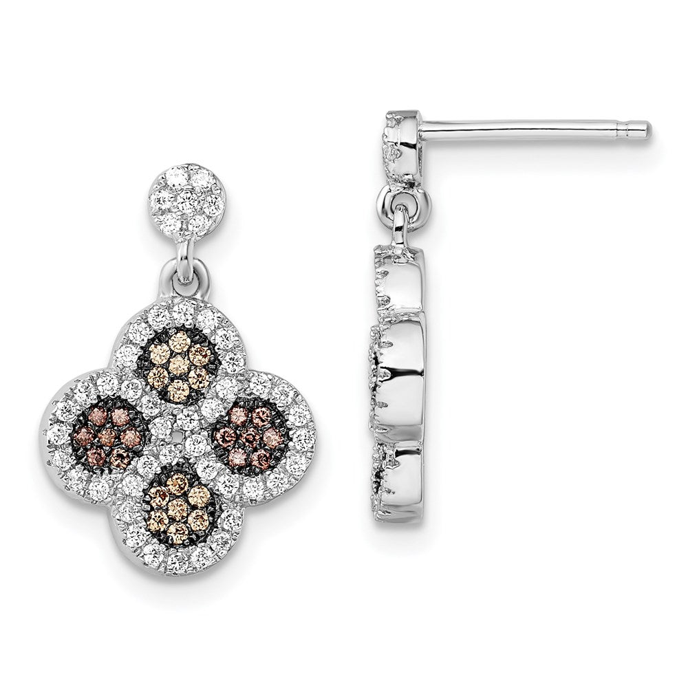 Sterling Silver Brilliant Embers Rhodium-Plated 150 Stone Micro Pav Champagne And White Cz Flower Dangle Post Earrings