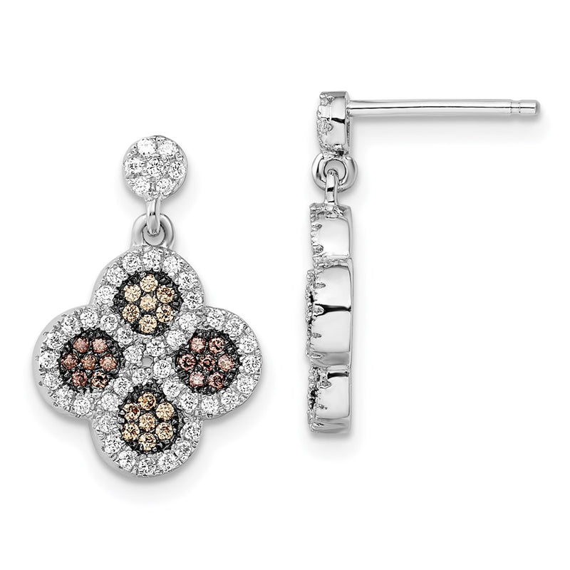 Sterling Silver Brilliant Embers Rhodium-Plated 150 Stone Micro Pav Champagne And White Cz Flower Dangle Post Earrings