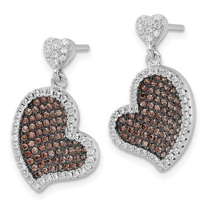 Sterling Silver Brown & Clear Cz True Fire Heart Dangle Post Earrings