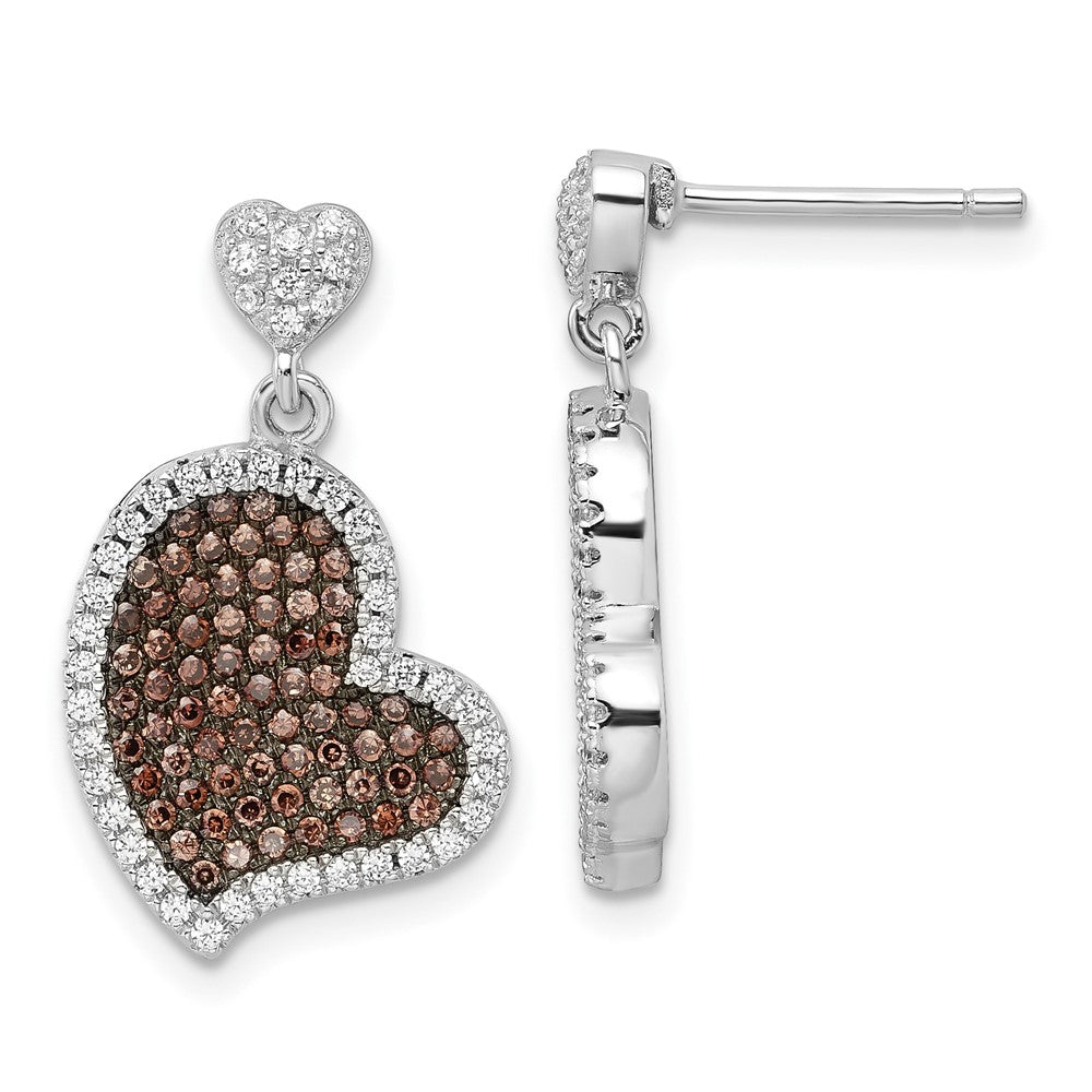 Sterling Silver Brown & Clear Cz True Fire Heart Dangle Post Earrings