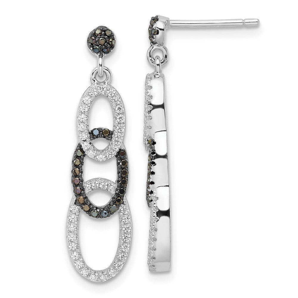 Sterling Silver Black & Clear Cz True Fire Oval Dangle Post Earrings