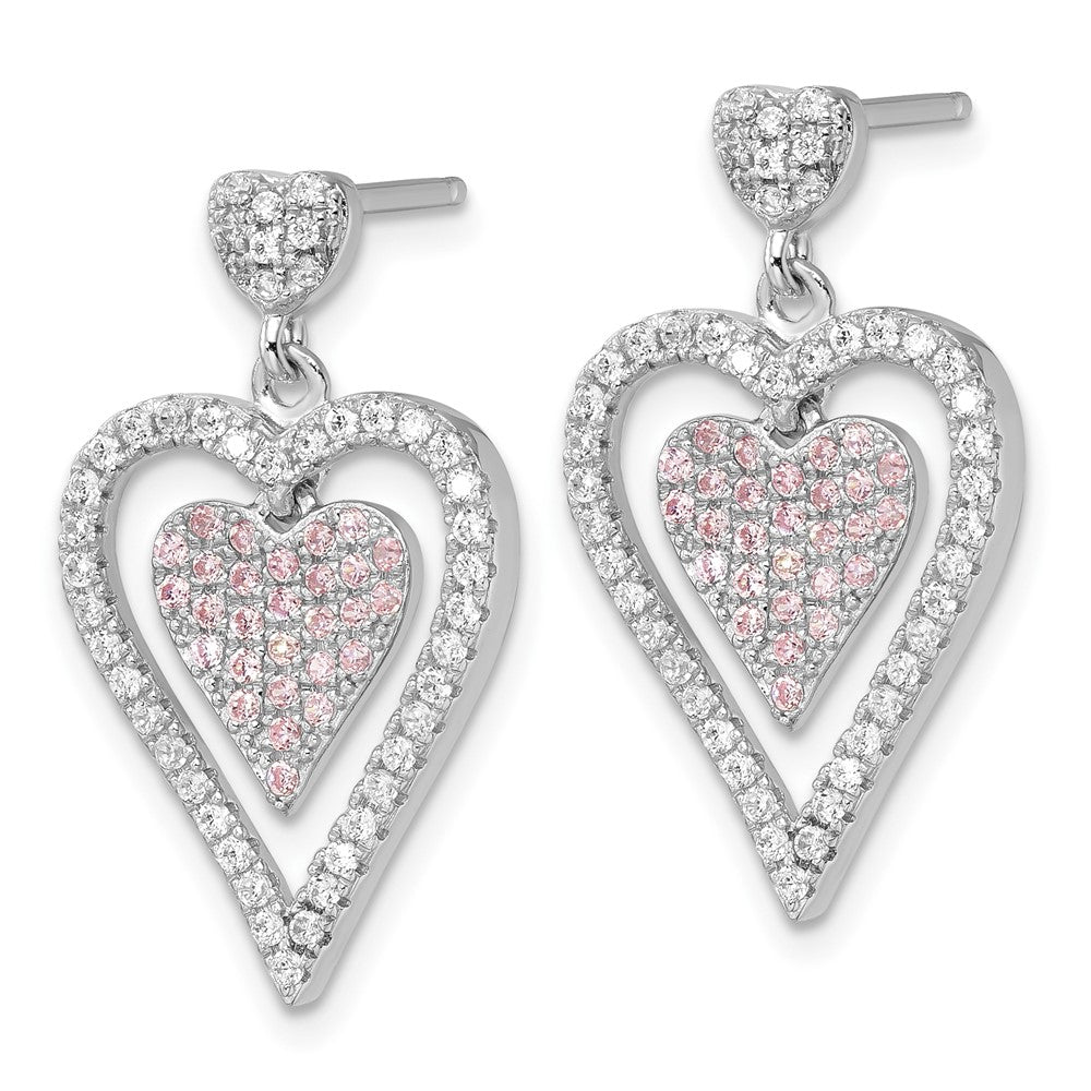 Sterling Silver Pink & Clear Cz Brilliant Embers Heart Dangle Post Earrings
