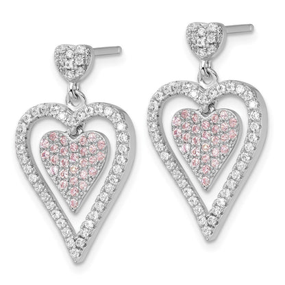 Sterling Silver Pink & Clear Cz Brilliant Embers Heart Dangle Post Earrings