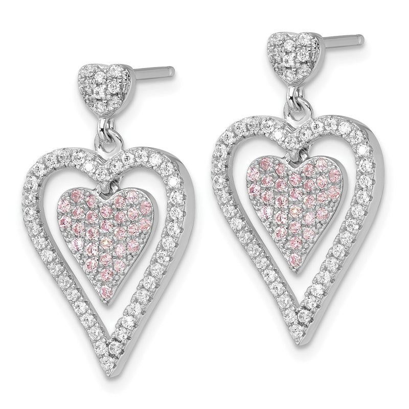 Sterling Silver Pink & Clear Cz Brilliant Embers Heart Dangle Post Earrings
