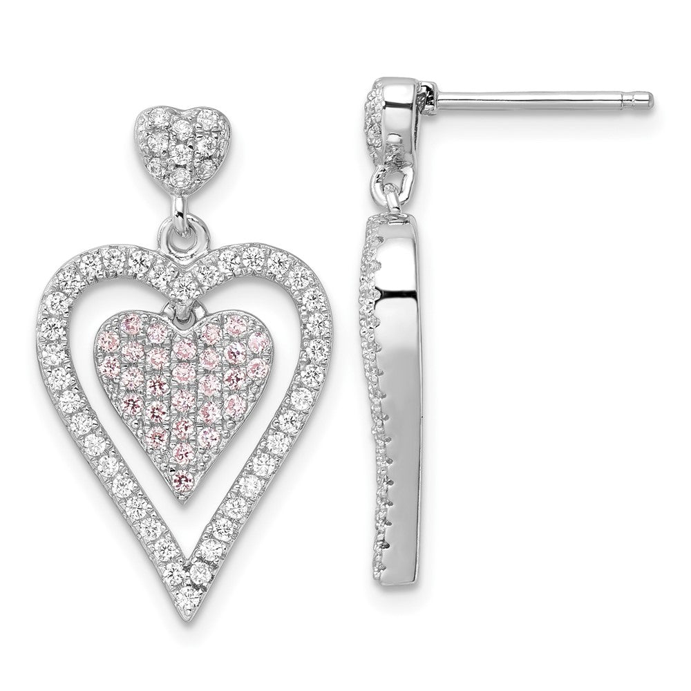 Sterling Silver Pink & Clear Cz Brilliant Embers Heart Dangle Post Earrings