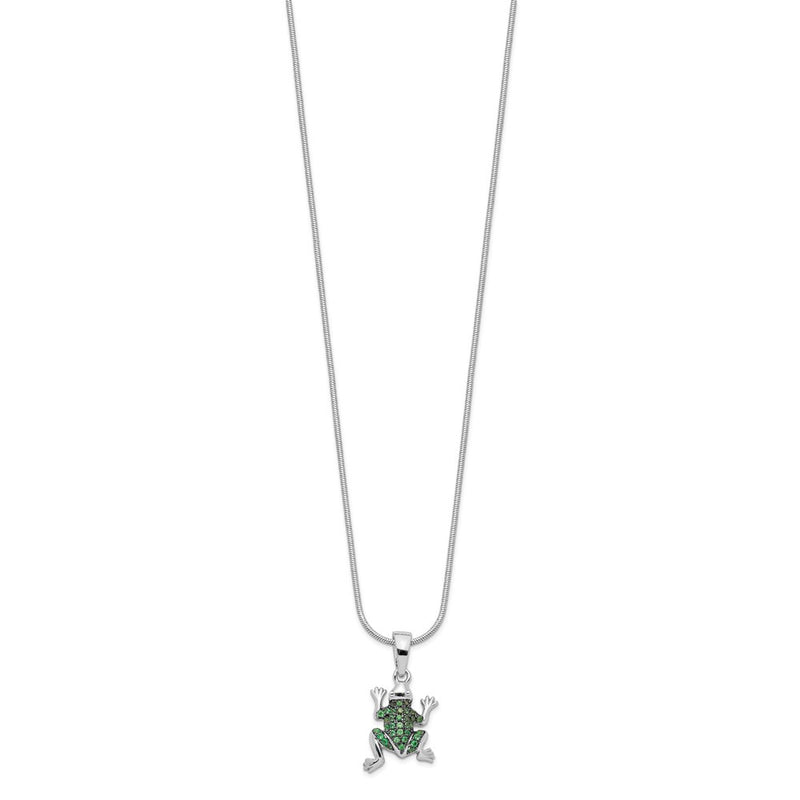Sterling Silver Brilliant Embers Rhodium Plated 34 Stone 18 Inch Micro Pav‚Äö Green Cz Frog Necklace With 2 Extender