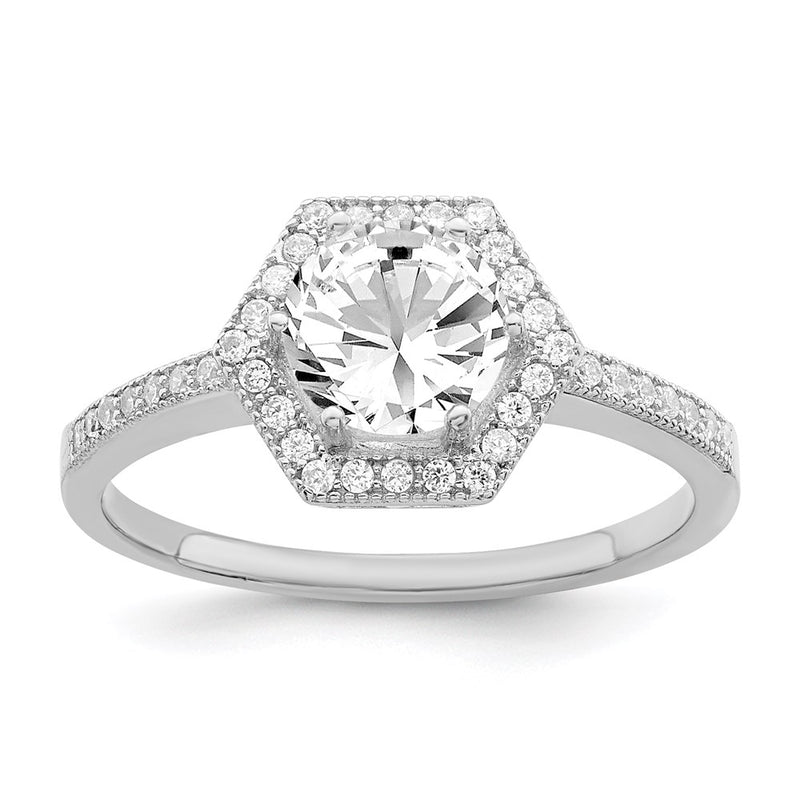 Sterling Silver Brilliant Embers Rhodium Plated 39 Stone Hexagon Halo Micro Pav‚Äö Cz Ring