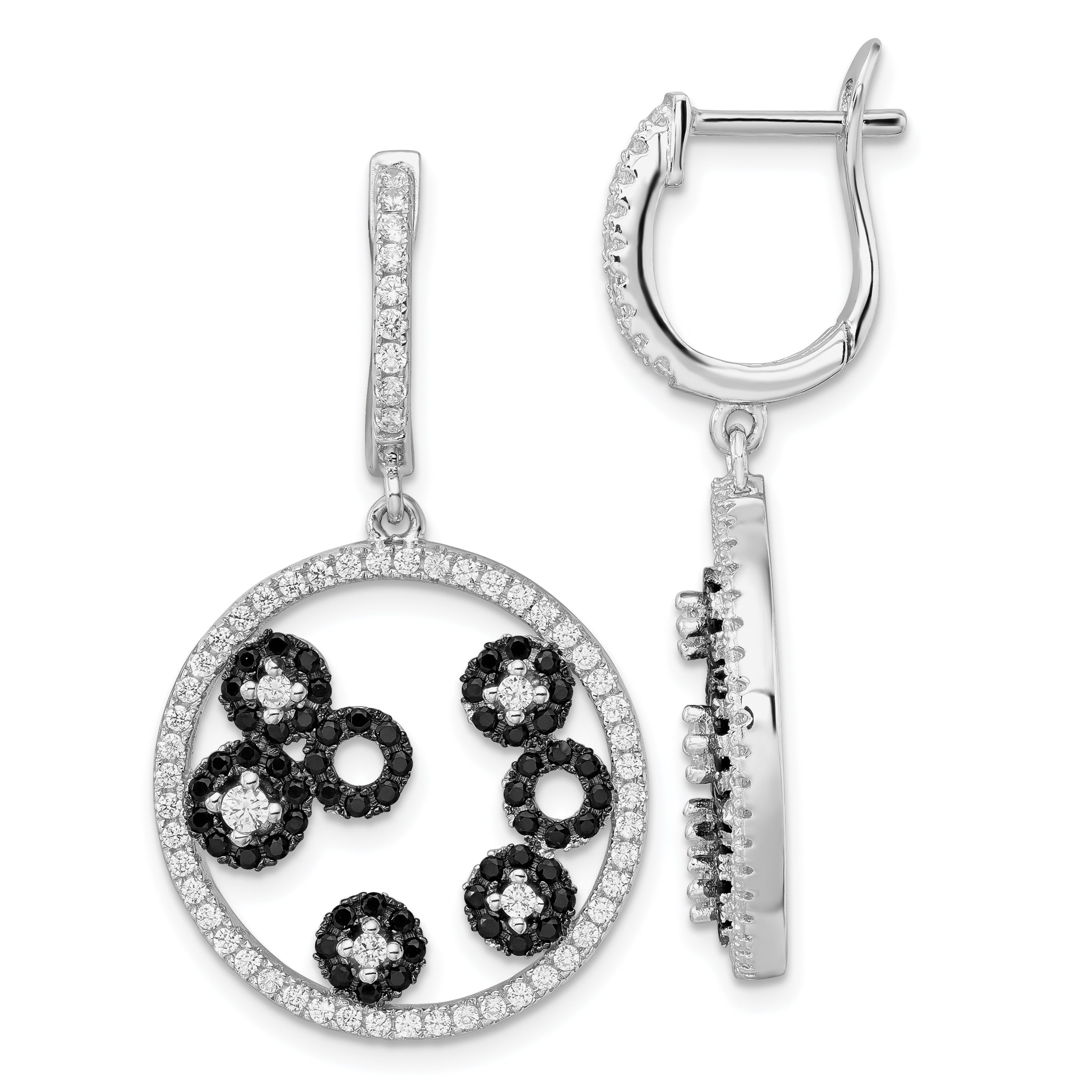 Sterling Silver True Fire Black & White Cz Circle Post Dangle Earrings