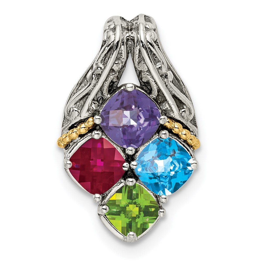 Sterling Silver Antiqued w/14K/Silver Two-Tone 4-stone Mother's Pendant