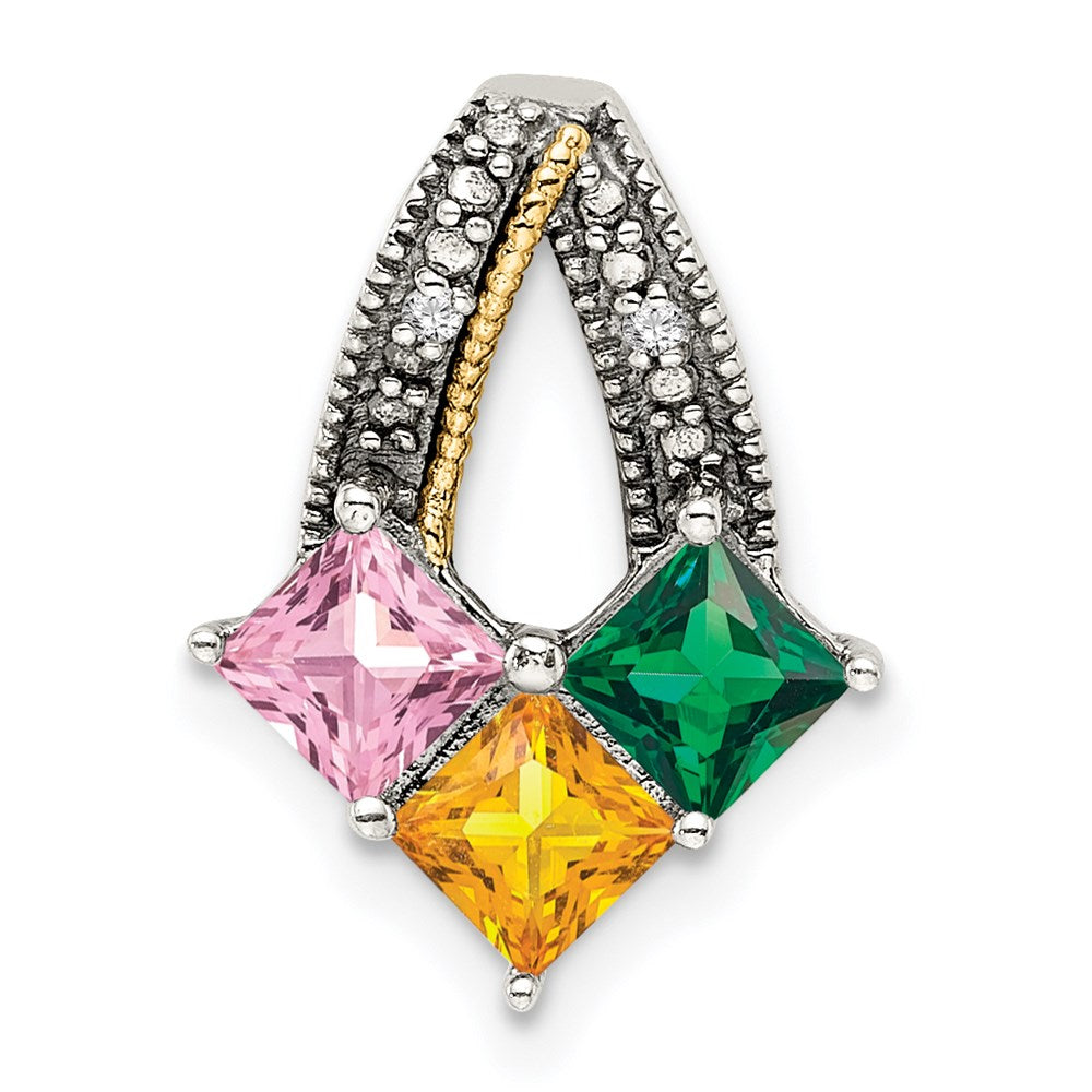 Sterling Silver Antiqued w/14K/Silver Two-Tone 3-stone W/diamond Mother's Pendant