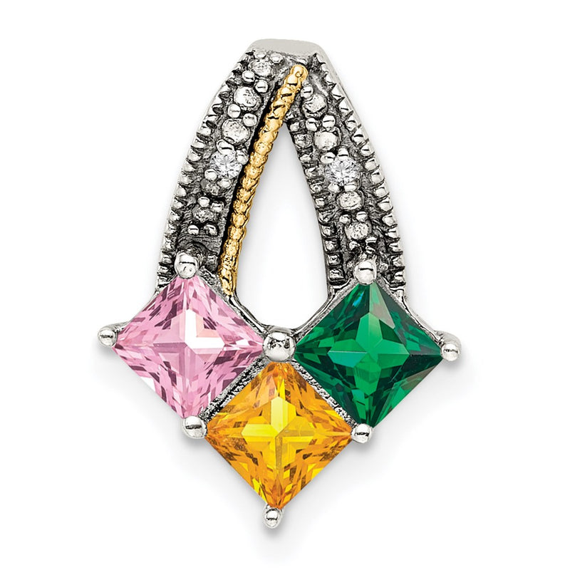 Sterling Silver Antiqued w/14K/Silver Two-Tone 3-stone W/diamond Mother's Pendant