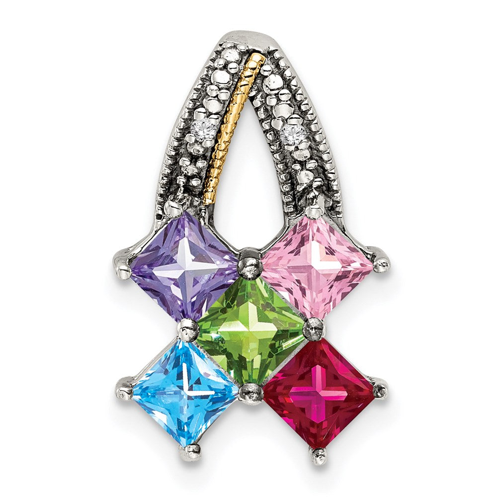 Sterling Silver Antiqued w/14K/Silver Two-Tone 5-stone W/diamond Mother's Pendant