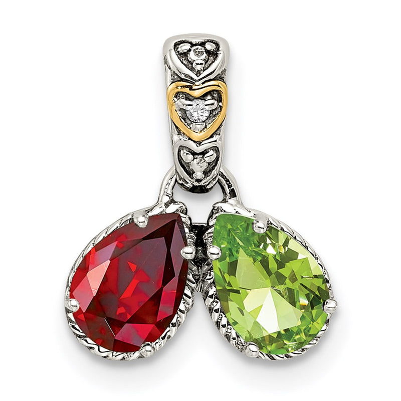 Sterling Silver Antiqued w/14K/Silver Two-Tone 2-stone W/diamond Mother's Pendant