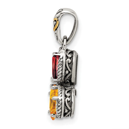 Sterling Silver Antiqued w/14K/Silver Two-Tone 3-stone W/diamond Mother's Pendant
