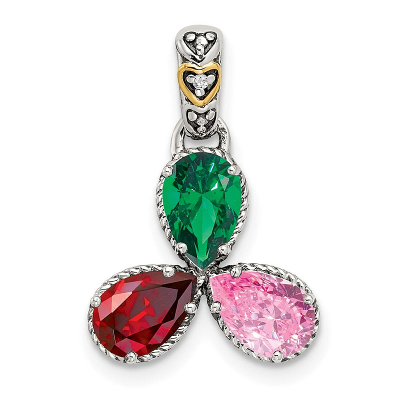 Sterling Silver Antiqued w/14K/Silver Two-Tone 3-stone W/diamond Mother's Pendant