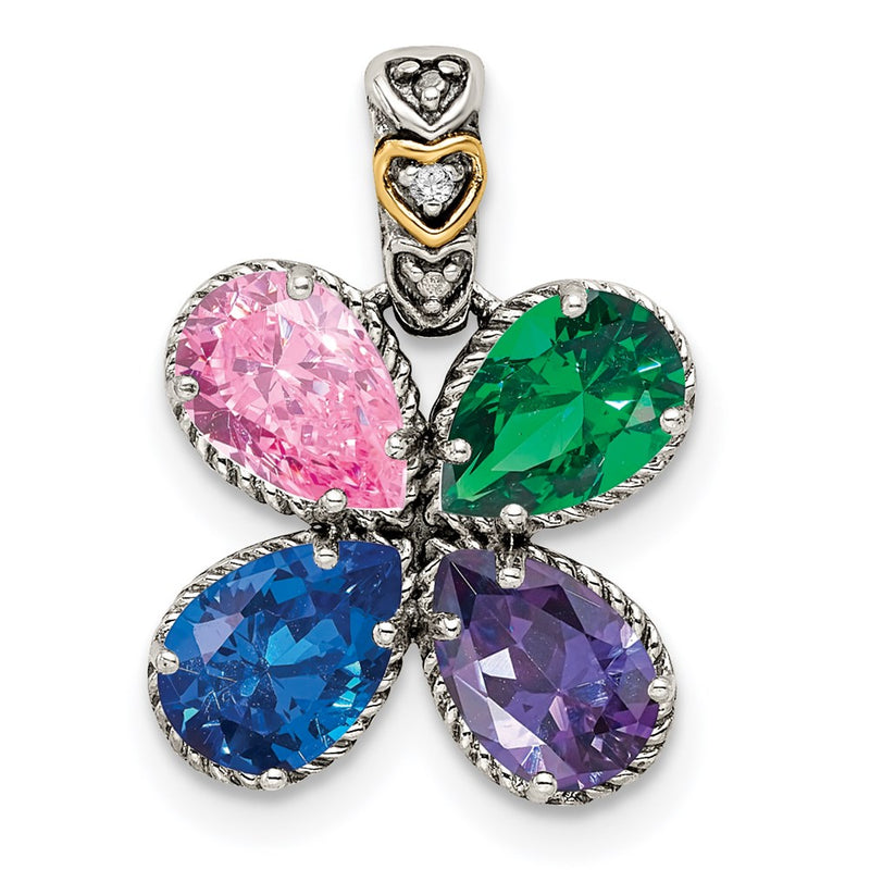 Sterling Silver Antiqued w/14K/Silver Two-Tone 4-stone W/diamond Mother's Pendant