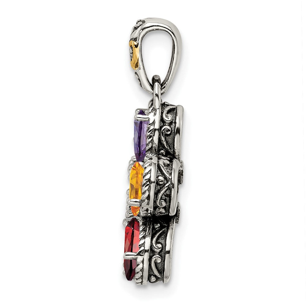 Sterling Silver Antiqued w/14K/Silver Two-Tone 5-stone W/diamond Mother's Pendant