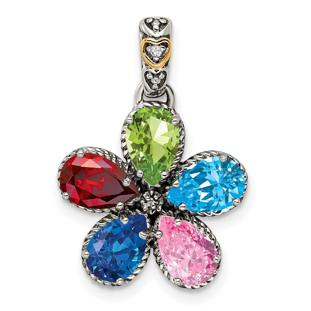 Sterling Silver Antiqued w/14K/Silver Two-Tone 5-stone W/diamond Mother's Pendant