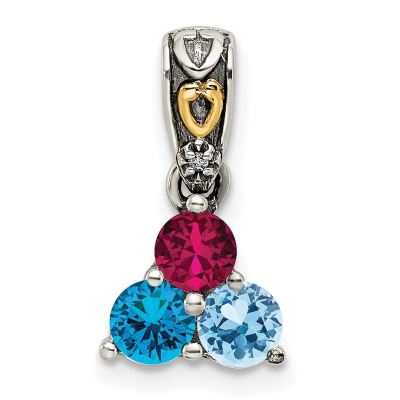 Sterling Silver Antiqued w/14K/Silver Two-Tone 3-stone W/diamond Mother's Pendant