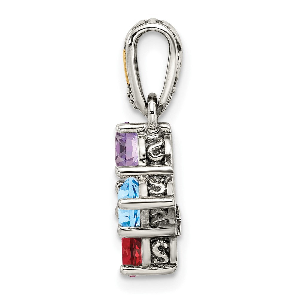 Sterling Silver Antiqued w/14K/Silver Two-Tone 4-stone W/diamond Mother's Pendant
