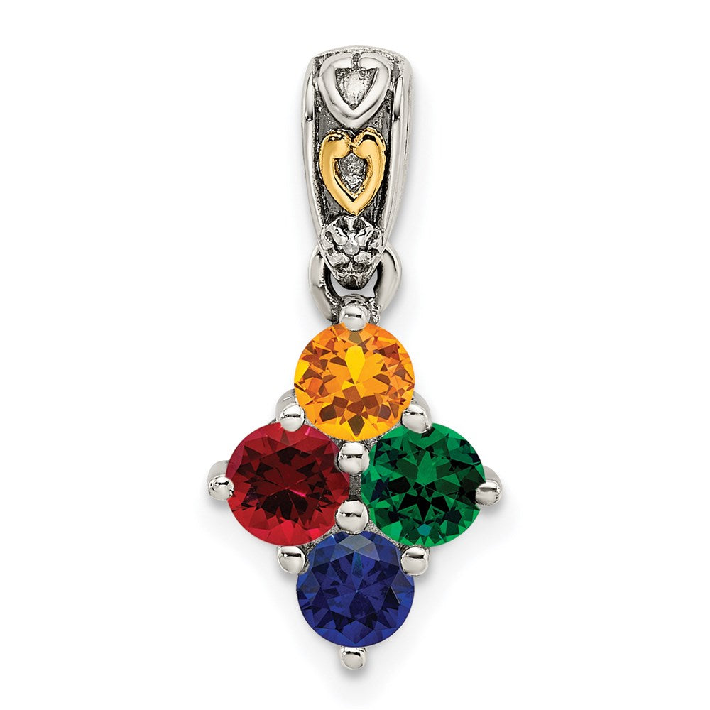 Sterling Silver Antiqued w/14K/Silver Two-Tone 4-stone W/diamond Mother's Pendant