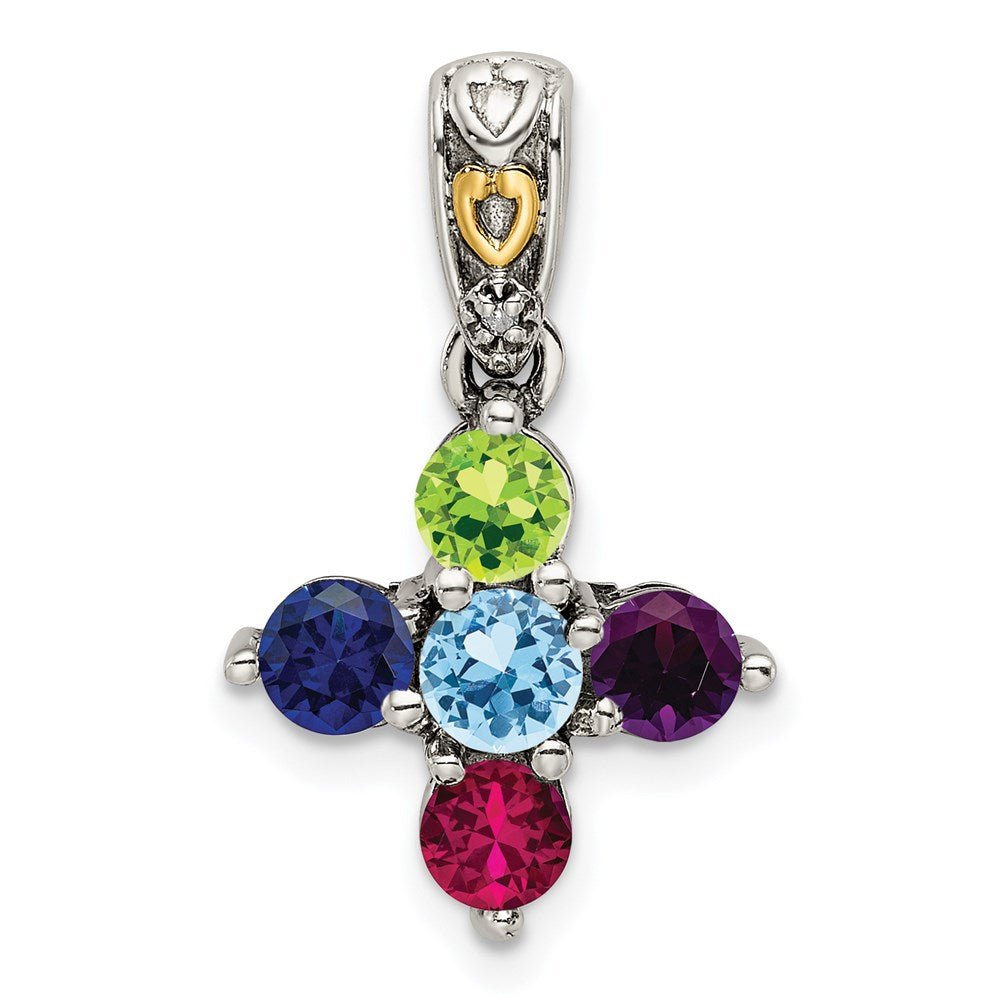 Sterling Silver Antiqued w/14K/Silver Two-Tone 5-stone W/diamond Mother's Pendant