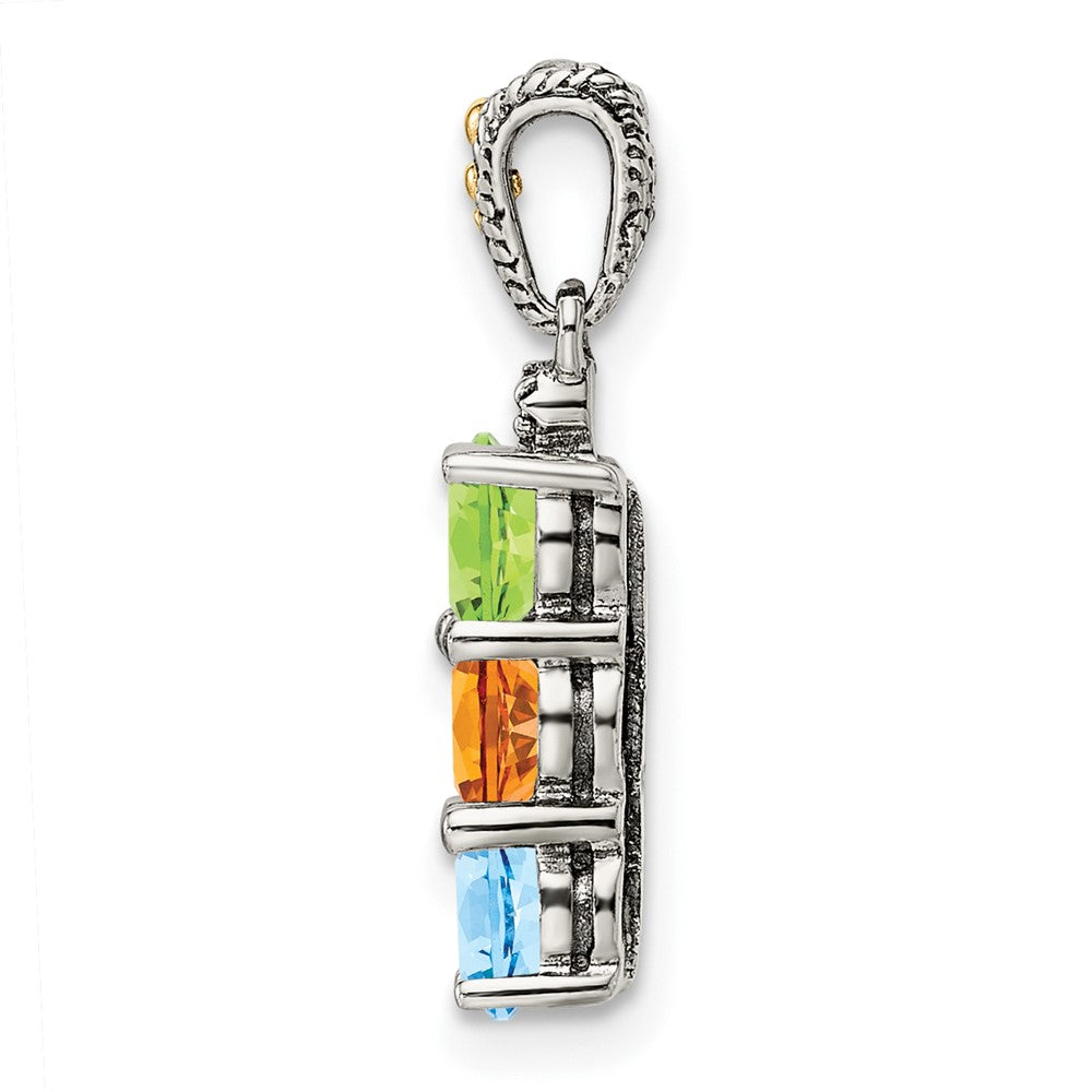 Sterling Silver Antiqued w/14K/Silver Two-Tone 3-stone W/diamond Mother's Pendant