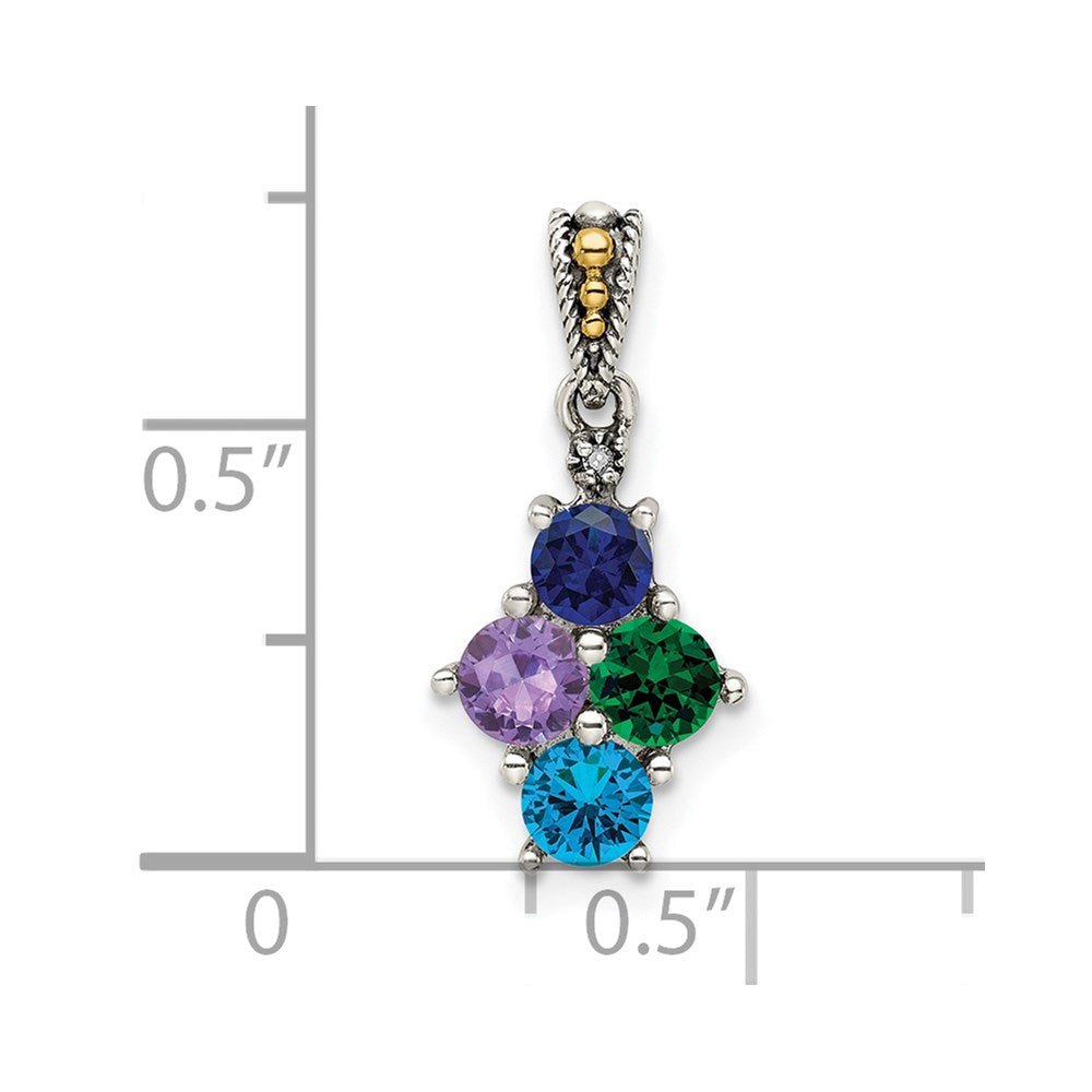 Sterling Silver Antiqued w/14K/Silver Two-Tone 4-stone W/diamond Mother's Pendant