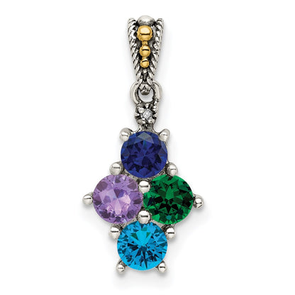Sterling Silver Antiqued w/14K/Silver Two-Tone 4-stone W/diamond Mother's Pendant