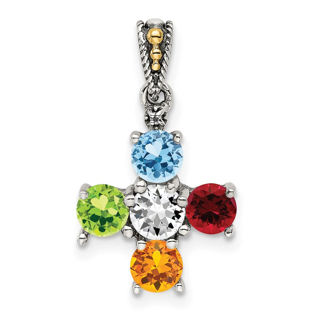 Sterling Silver Antiqued w/14K/Silver Two-Tone 5-stone W/diamond Mother's Pendant