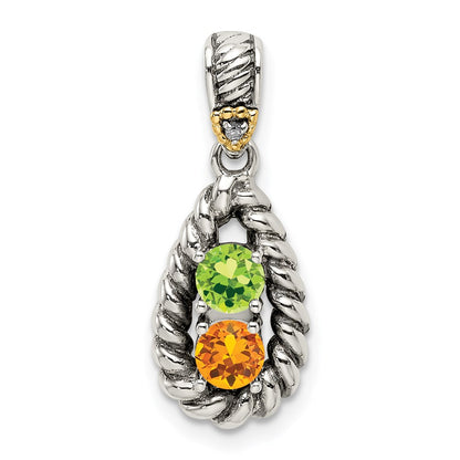 Sterling Silver Antiqued w/14K/Silver Two-Tone 2-stone W/diamond Mother's Pendant