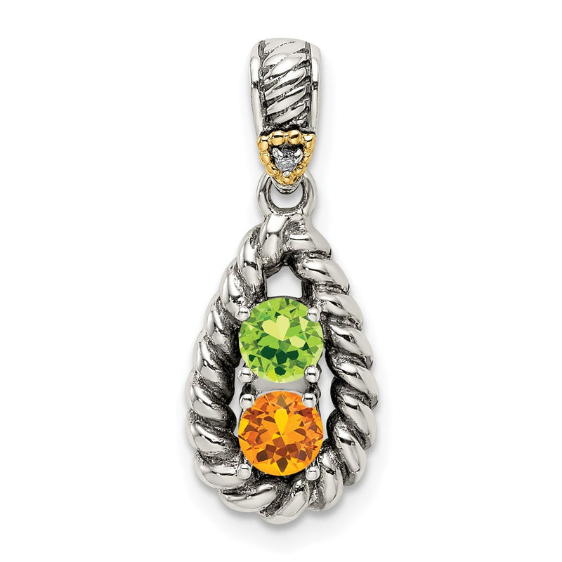 Sterling Silver Antiqued w/14K/Silver Two-Tone 2-stone W/diamond Mother's Pendant