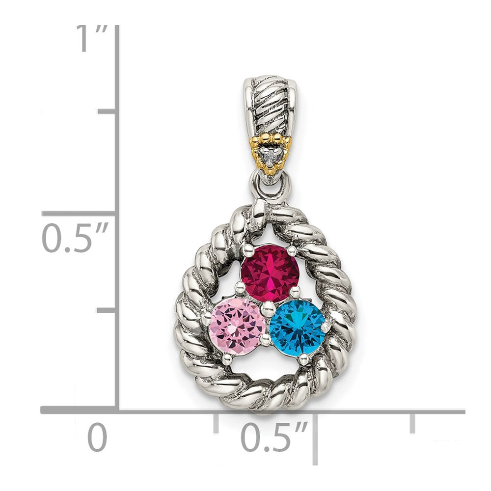 Sterling Silver Antiqued w/14K/Silver Two-Tone 3-stone W/diamond Mother's Pendant