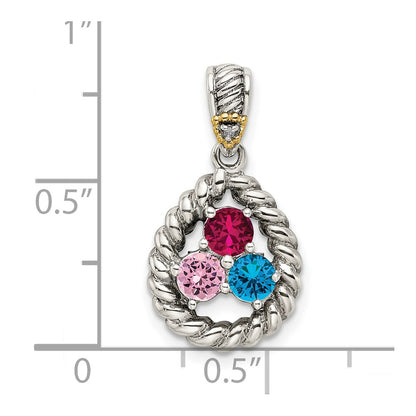 Sterling Silver Antiqued w/14K/Silver Two-Tone 3-stone W/diamond Mother's Pendant