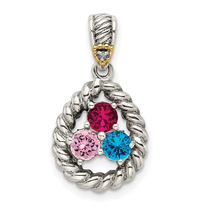 Sterling Silver Antiqued w/14K/Silver Two-Tone 3-stone W/diamond Mother's Pendant