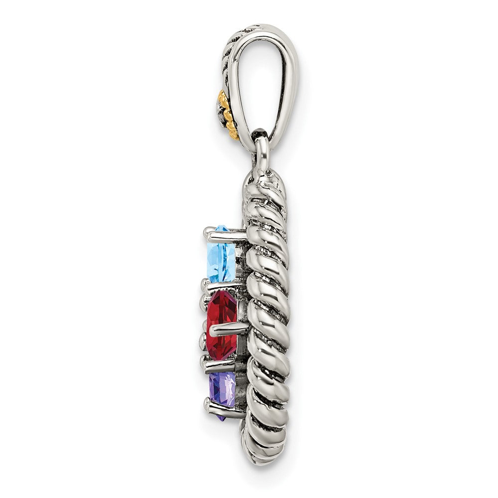 Sterling Silver Antiqued w/14K/Silver Two-Tone 4-stone W/diamond Mother's Pendant