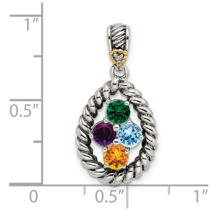 Sterling Silver Antiqued w/14K/Silver Two-Tone 4-stone W/diamond Mother's Pendant