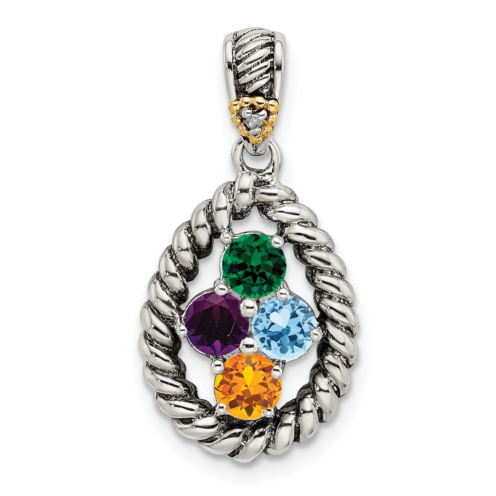 Sterling Silver Antiqued w/14K/Silver Two-Tone 4-stone W/diamond Mother's Pendant