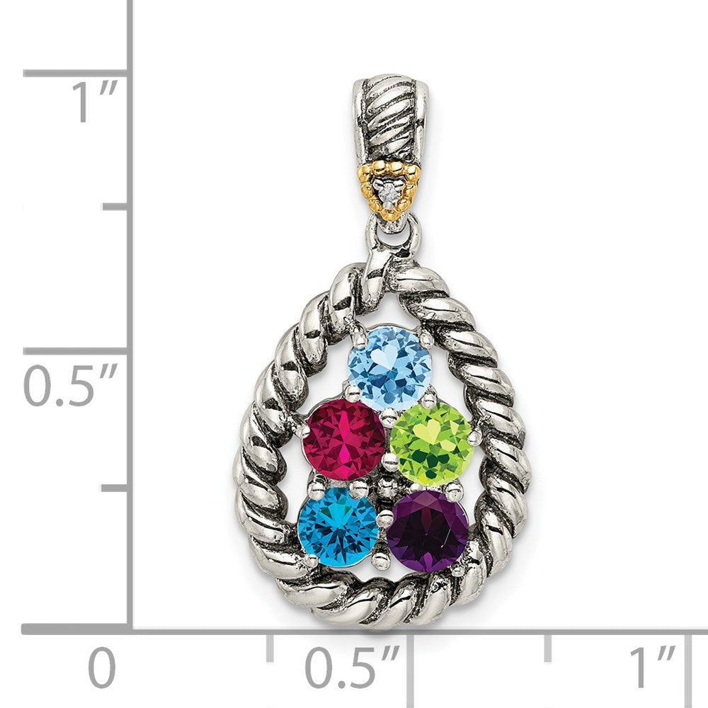 Sterling Silver Antiqued w/14K/Silver Two-Tone 5-stone W/diamond Mother's Pendant