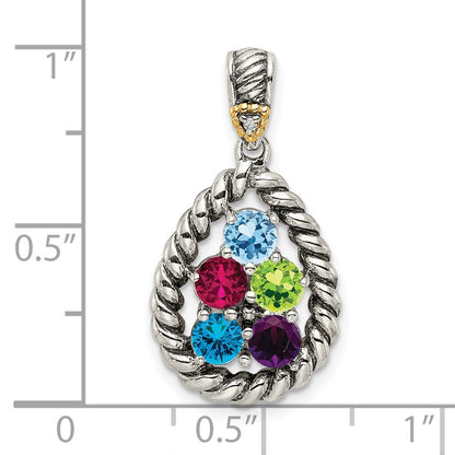 Sterling Silver Antiqued w/14K/Silver Two-Tone 5-stone W/diamond Mother's Pendant