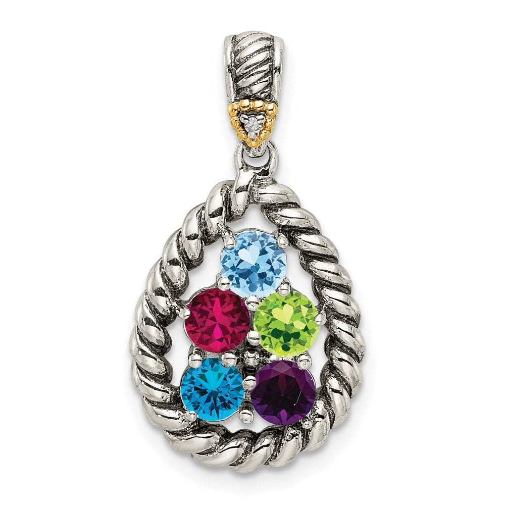 Sterling Silver Antiqued w/14K/Silver Two-Tone 5-stone W/diamond Mother's Pendant